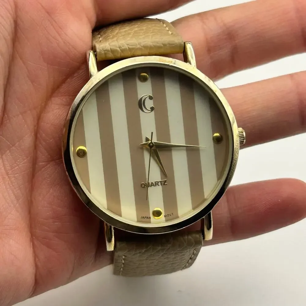 Charming Charlie Stripe Dial Women Quartz Watch Beige Leather Strap New Battery